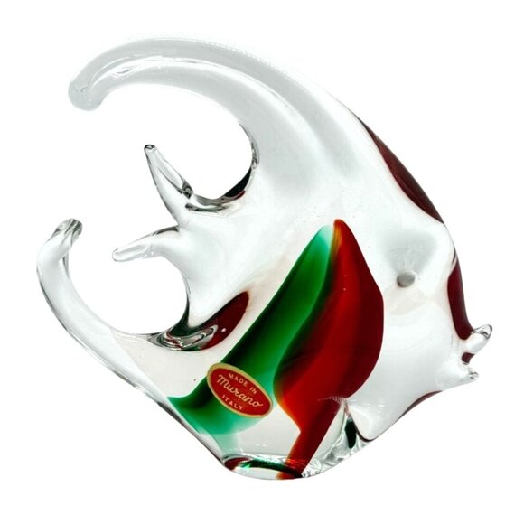 Vtg Murano Italy Art Glass Tropical Angel Fish Paperweight Figurine w/ Sticker